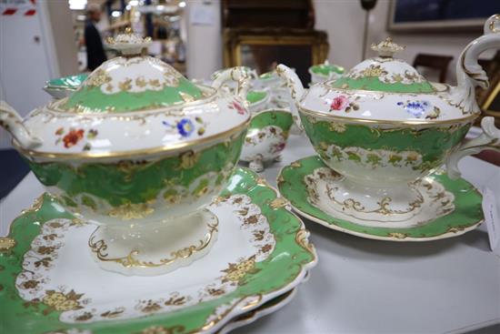 A Victorian Nash & Co part tea service, with floral decoration on a gilt-heightened apple green ground (faults)